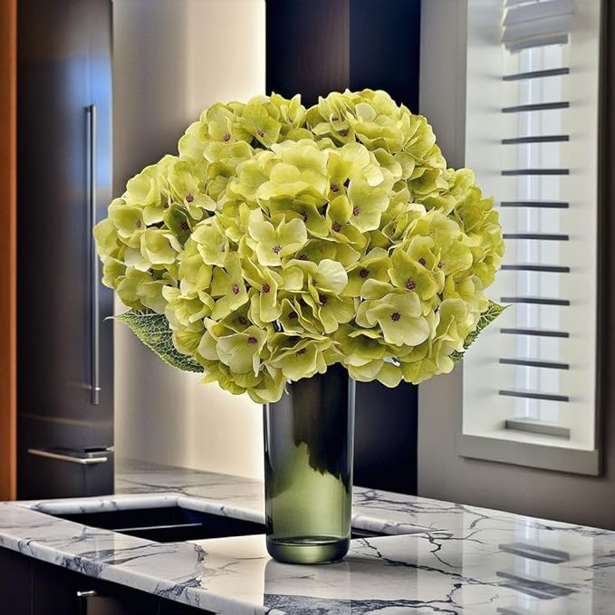2Bouquets Artificial Fake Flowers Plants Silk Hydrangea Arrangements Wedding Bouquets Decorations Plastic Floral Home Kitchen Garden Party Festival Bar DIY(Chartreuse,5 Flower Heads)