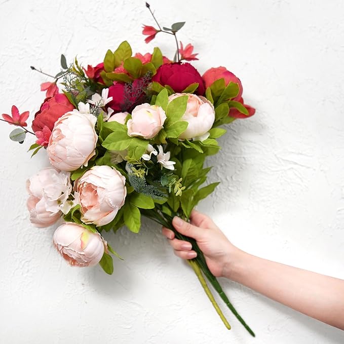 FiveSeasonStuff Burnt Pink and Dusty Pink Vintage Artificial Peonies Silk Flowers and Hydrangeas for Wedding Bridal Home Decor – Beautiful Floral Centerpiece Bouquet (Fireside Romance)