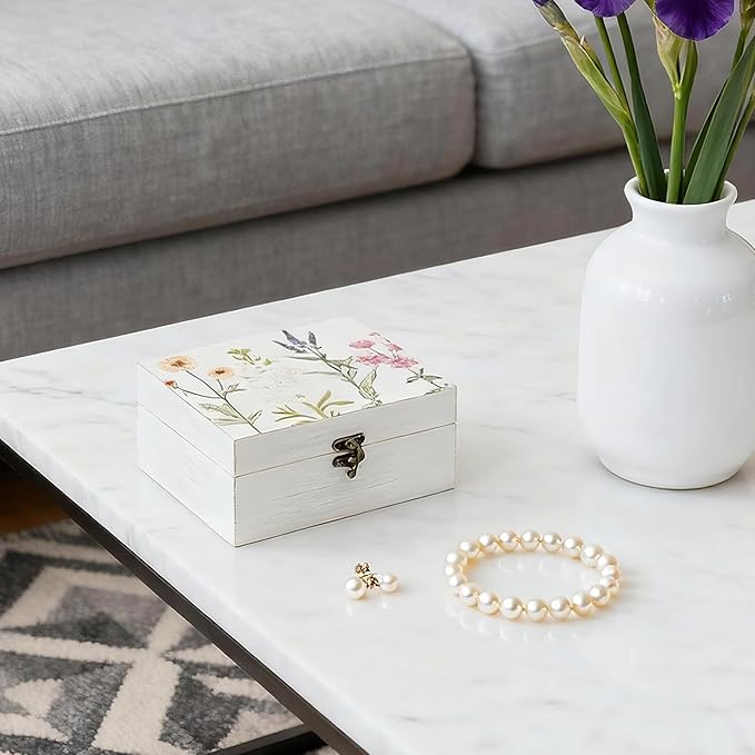 Small Decorative Box with Hinged Lid Wooden Handmade Keepsake Storage Box Floral Printed Jewelry Box Rustic Trinket Box - 7.9 x 6.5 x 3.4 Inches