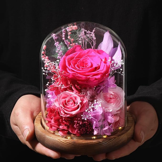 Flowers for Delivery Prime Preserved Flowers with LED Light in a Glass Dome,Long Lasting Real Roses Birthday Gifts for Women Daughter Mom Wife Friend（Reddish Rose）