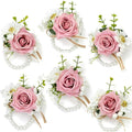 Serwalin 6 PCS Pink Rose Wrist Corsages for Wedding, Corsages for Prom Homecoming Party Corsage Hand Decor for Bride Bridesmaids, Mother of Bride and Groom