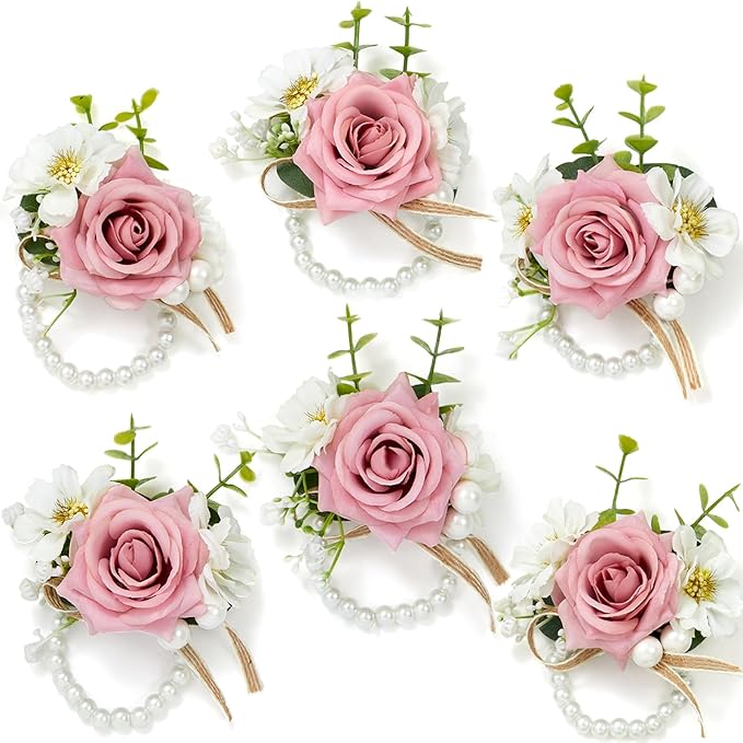 Serwalin 6 PCS Pink Rose Wrist Corsages for Wedding, Corsages for Prom Homecoming Party Corsage Hand Decor for Bride Bridesmaids, Mother of Bride and Groom
