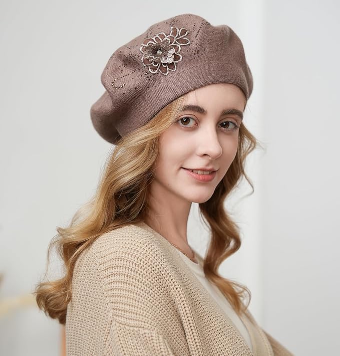 Flower Embroidery Beret Hat for Women, French Style Knitted Beret Hats, Stylish Solid Color Beret Cap for Women Girls Lady