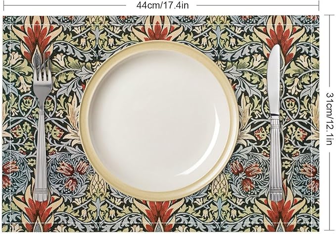 Vintage Flower Placemats Set of 4, William Morris Retro Boho Botanical Plant Place Mats, Heat Resistant Non Slip Cotton Linen Dining Table Mats for Home Kitchen Party 18x12 Inch