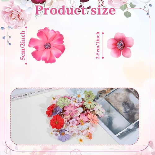 150Pcs Mini Artificial Flowers for Decoration,Faux Flower Heads,Mini Fabric Flowers for Crafts, Garland, Wedding Decor, Stemless Small Fake Flower in 2 Sizes(Multicolor)