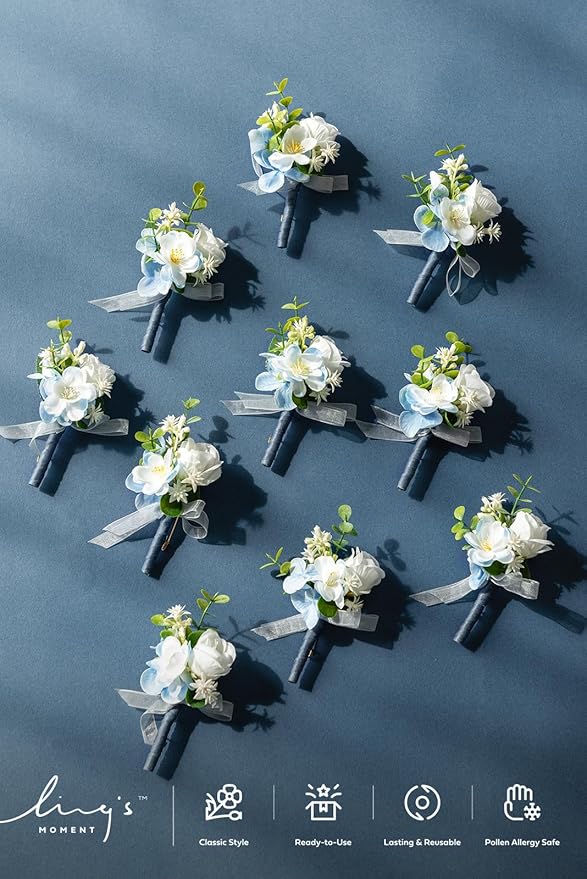 Ling's Moment Boutonniere for Men, 10pcs Groomsmen Guest Boutonniere, Artificial Flowers for Wedding Décor/Prom/Homecoming,etc.Blue