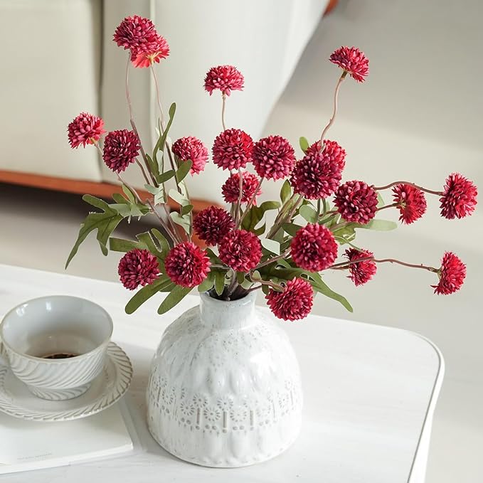 Laelfe Artificial Kiku Flower Wind Red- 5 Pcs Fake Pompon Mums Silk Small Chrysanthemum Faux Ball Fall Flower Stem Decor for Wedding Filler DIY Bouquet Centerpieces Arrangements Shower (Dark Red)