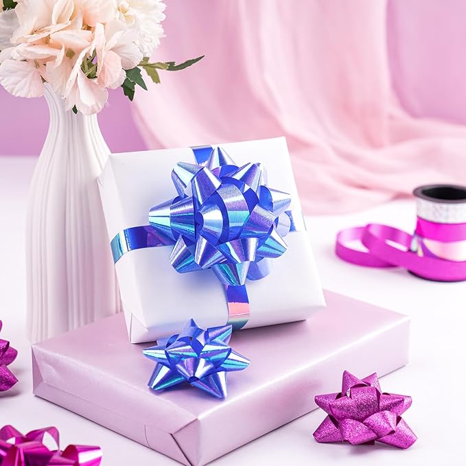 WRAPAHOLIC 16 Pcs Gift Bows Assortment - 14 Multi Colored Assorted Size Gift Bows(Purple, Silver, Blue), 2 Crimped Curling Ribbons, Perfect for Holiday, Party
