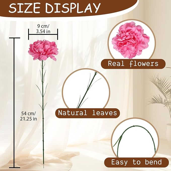 Pink Carnations Artificial Flowers 15PCS Carnations Flowers Silk Flowers 21.25in Fake Flowers for Wedding Home Table Centerpieces Floral Arrangements(Hot Pink)