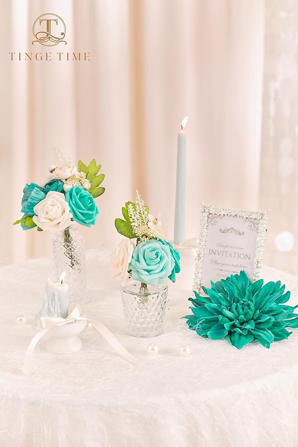 TINGE TIME Artificial Flowers Combo Mix Silk Flowers Teal Green Roses w/stem for DIY Wedding Bridal Bouquets Baby Shower Floral Arrangement Table Centerpieces Home Decorations (Deep Teal Green)