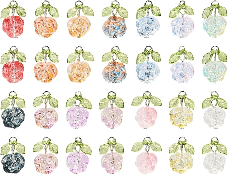 Beadthoven 28pcs Crystal Glass Rose Flower Charms 14 Colors Glass Flower Pendants Mini Rose Dangle Charms Jewelry Making Findings for DIY Earrings Bracelets Necklaces Women