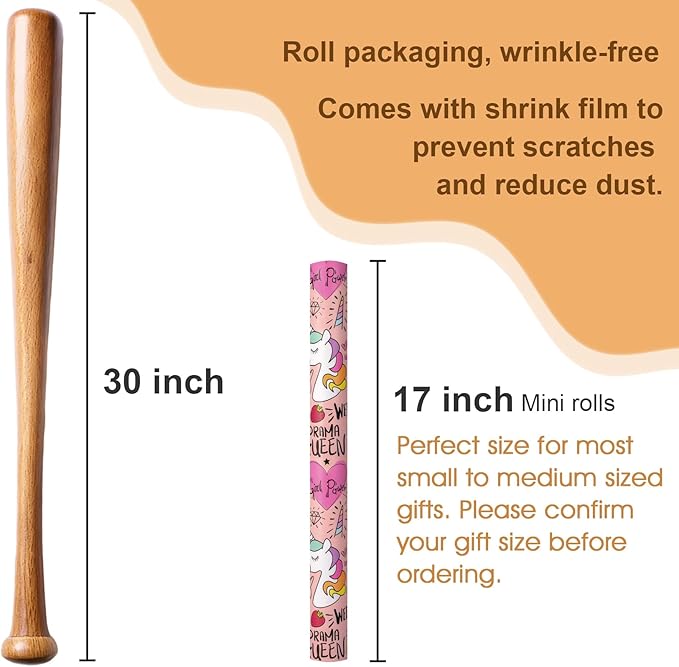 Afucus Reversible Pink Unicorn Wrapping Paper, Flamingo, Rainbow and Polka Dot Themed Gift Wrapping Paper, Cute Mini Rolls for Birthday, Baby Shower, Boys, Girls, Kids, Christmas (17 Inch X 33 Feet)