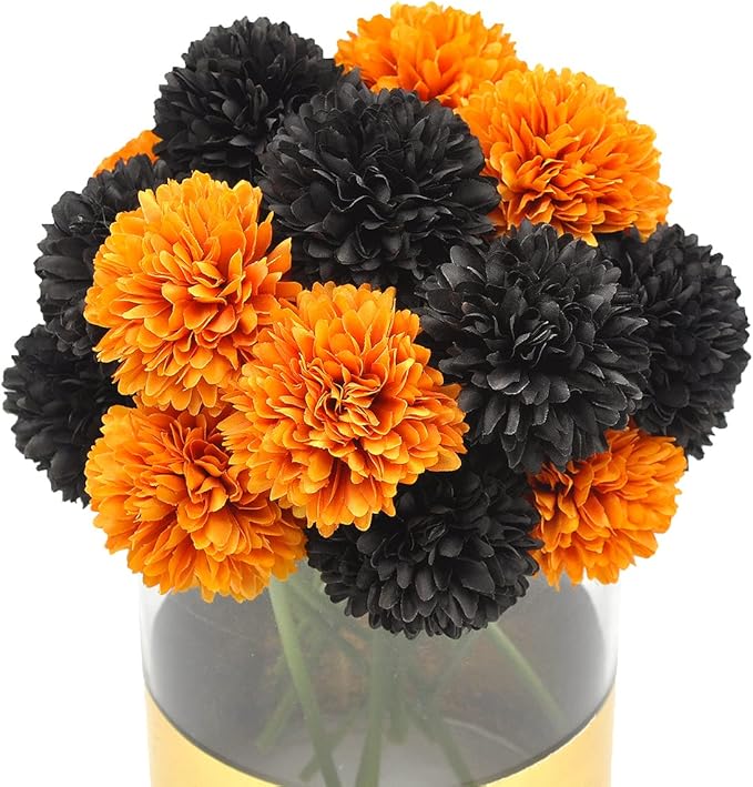 20Pcs Artificial Fake Flower Plants Silk Chrysanthemum Ball Hydrangea Arrangements Wedding Bouquets Decor Home Kitchen Garden Party Table Floral Centerpieces DIY (Orange&Black)