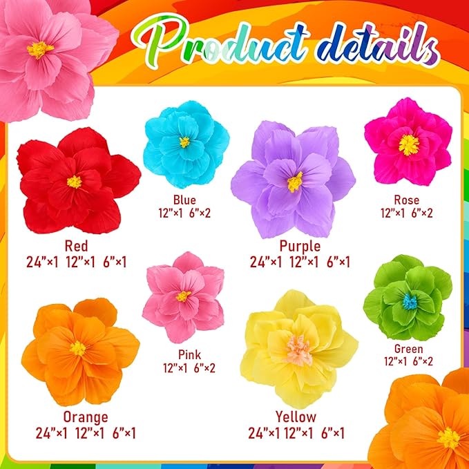 Giant Paper Flowers Artificial Large Paper Flower Decoration for Handcrafted Wall Backdrop Christmas Mexican Wedding Graduation Bridal Shower Birthday Party Supplies(Mexican Fiesta,24 Pcs)