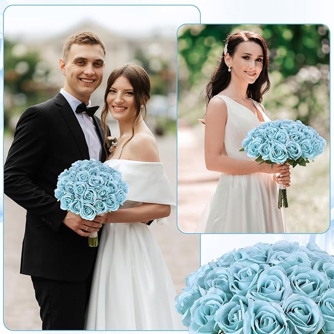 80 Pcs Roses Artificial Flowers, Silk Haze Blue Artificial Flowers Petals Long Stem Roses for Wedding Bouquet Home Party Decor