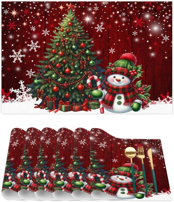 Xmas Christmas Tree Snowman Red Placemats Set of 4 PVC Vinyl Non Slip Table Mats Heat Resistant Place Mats Washable Wipeable Dining Table Mat for Kitchen Decor Party Indoor Outdoor Decorative Gift