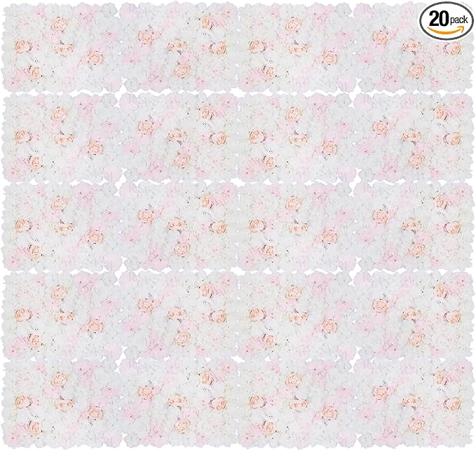 16"x 24" Artificial Flower Wall Panels,Flower Wall Mat Silk Flower Panels for Outdoor Garden Backyard Fence Fence Privacy Screen and Indoor Wall Decor(20Pcs Light Pink+White)