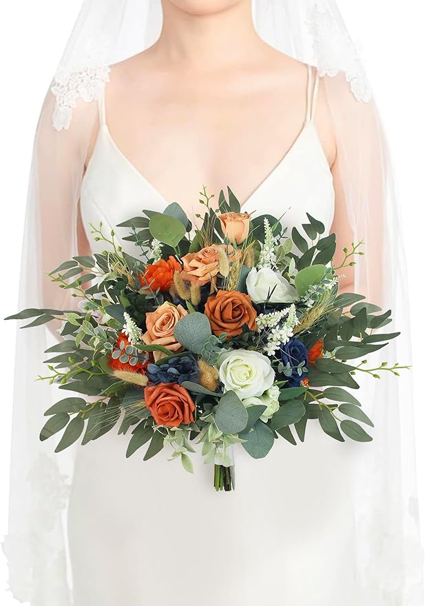 Rinlong Fall Wedding Bouquets for Bride Navy Blue Burnt Orange Bridal Bouquet for Wedding Terracotta Bouquets Boho Artificial Flowers