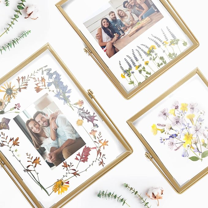 Gold Picture Frame Set - /w 68 Pcs Dried Flowers and Tweezer - Double Glass Frame for Pressed Flowers, Pressed Flower Frames for Handicrafts, Photo or Other Flat Items.