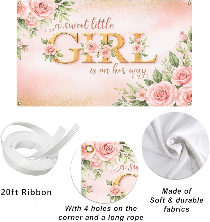 7x5ft Pink Floral Girl Baby Shower Decorations, A Sweet Little Girl is on Her Way Baby Shower Party Backdrop, Photography Background Banner for Gender Reveal, Maternity Photo Booth