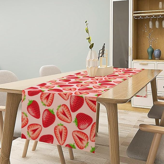 Strawberry Table Runner, Spring Summer Fruit Birthday Party Decorations Dining Room Home Kitchen Table Decor 13 x 60In