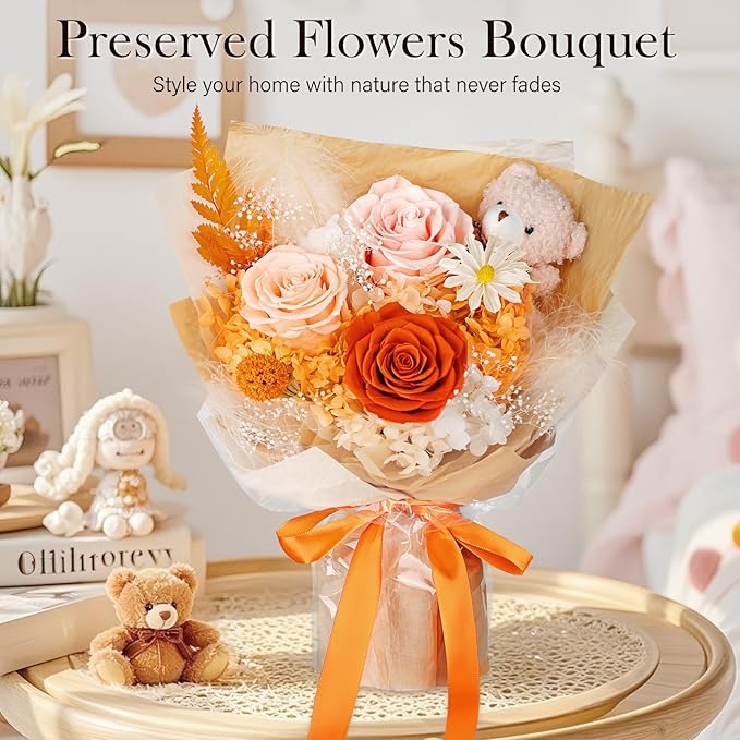 Preserved Flowers Bouquet with Bear, 3 Real Forever Flowers for Delivery, Long-Lasting Orange Eteranl Roses Bouquet Birthday Gifts for Women, Mother, Wife, Her