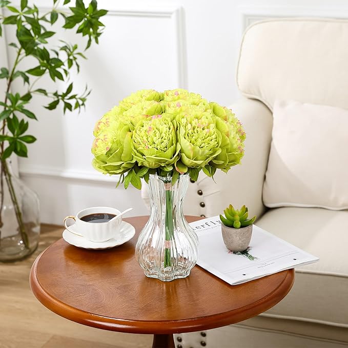 U'Artlines 10 Heads Artificial Peony Silk Flower Leaf Home Office Wedding Party Festival Bar Decor (Green)
