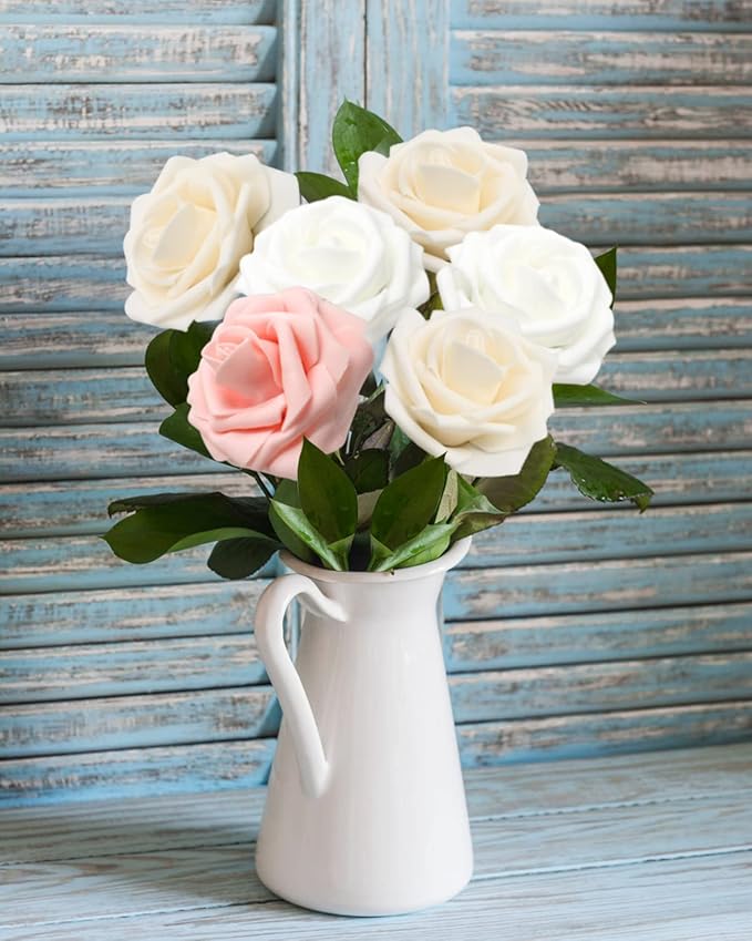 JOYLEX Artificial Flowers Realistic Roses, Real Looking Fake Roses with Stem for DIY Wedding Bouquets Centerpieces Bridal Shower Party Romantic Decorations (50pcs, White/Cream/Light Pink)