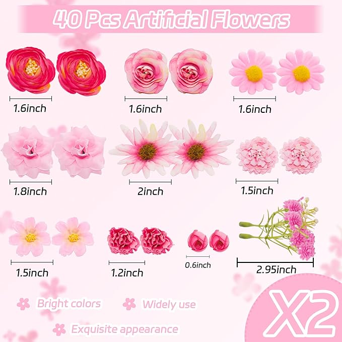 Fabric Flowers Heads for Craft, 40 Pcs Pink Flowers Mini Fake Flowers Heads, Artificial Flowers Faux Daisy Fake Rose, Silk Flowers Artificial Daisy for Hair Decoration, Wreath Making, Scrapbooking