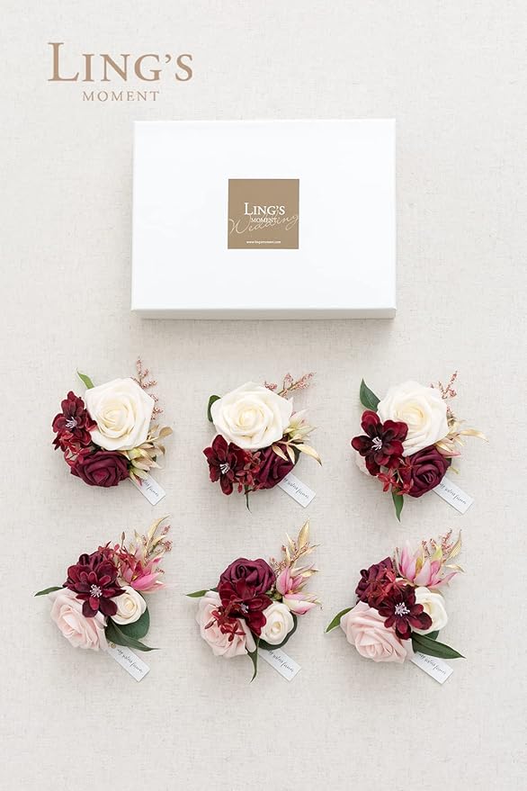 Ling's moment 6pcs Wedding Wrist Corsage Artificial Flowers, Girl/Mother Homecoming Prom Corsages Wristlet Décor, etc. Burgundy Marsala Blush