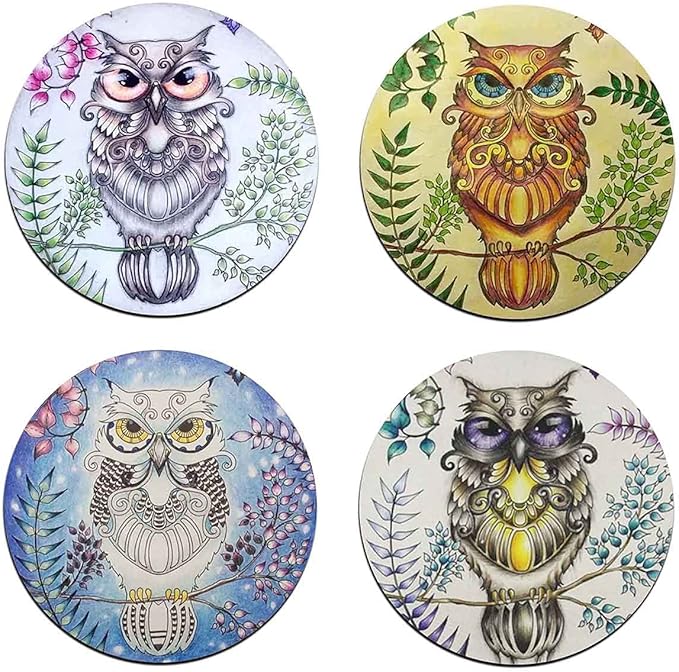 Watercolor Owl Round Coaster Set - Made of Recycled Rubber - Set of 4