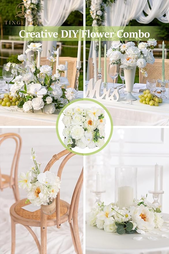 TINGE TIME Artificial Flowers Combo Mix Silk Flowers White Roses w/stem for DIY Wedding Bridal Bouquets Baby Shower Floral Arrangement Table Centerpieces Home Decorations (Ivory White)