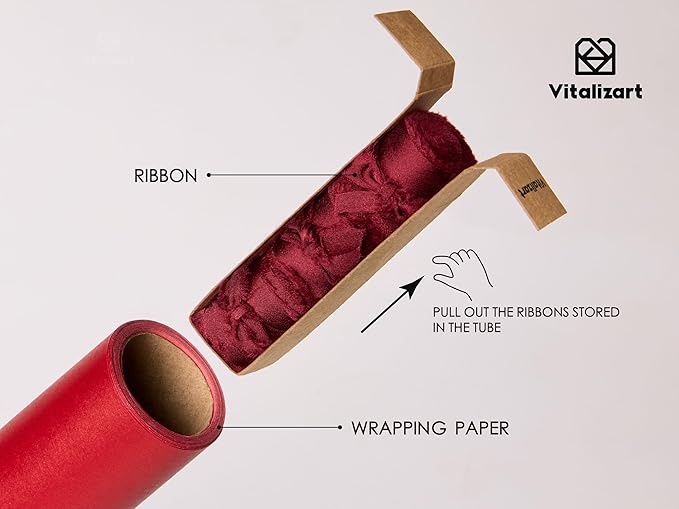 Vitalizart Red Wrapping Paper Set 17" Pearly-Lustre With Silk Like Satin Ribbon & Gift Tags Recyclable Christmas Gift Wrapping Birthday Baby Shower Wedding Handmade Crafts 197"(16.4 Ft)