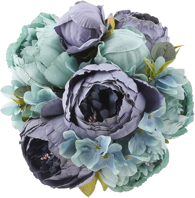 Flojery Silk Peony Bouquet Vintage Artificial Peonies Flower for Home Wedding Party Decor (1pcs, Blue)