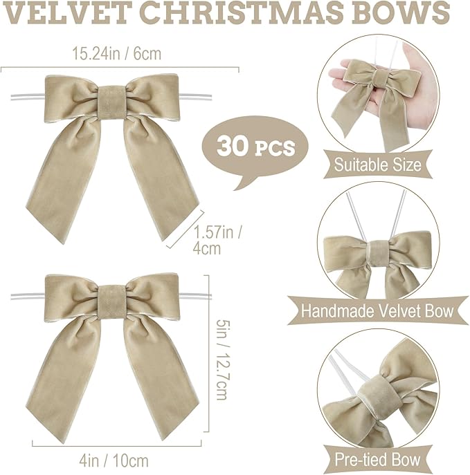 30 Pcs Velvet Ribbon Bows 5" x 4" Pre Tied Christmas Velvet Bows with Twist Tie for Gift Packaging Christmas Tree Wreaths Door Windows Wedding Party Decoration(Champagne)