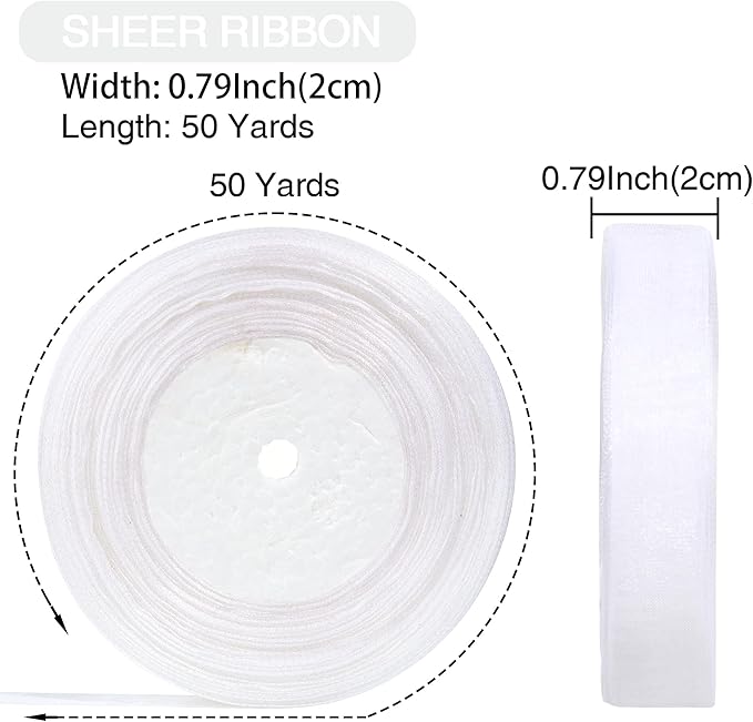 3/4 Inch x 50 Yards Sheer Organza Ribbon Chiffon Ribbon for Gift Wedding Flower Bouquet Wrapping Decorations Crafts (White)