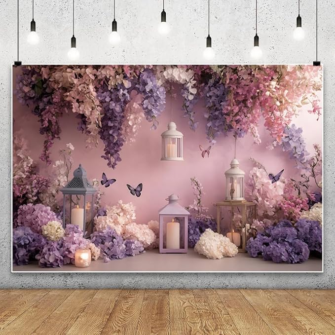 YongFoto Elegant Flower Wall Backdrop 8x6.5ft Floral Butterfly Candle Photography Background Baby Bridal Shower Wedding Girl Birthday Party Banner Room Decor Portrait Photoshoot Wallpaper Photo Booth