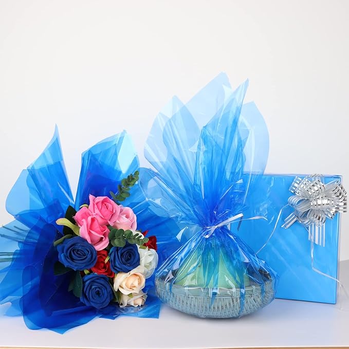CMFYHM Iridescent Blue Cellophane Wrap Roll I 34 In Wide X 100 Ft Long I Colorful Cello Perfect For Baskets,Gifts, Treats,Birthday Holiday Wedding Floral, Party Arts Crafts Decoration (Blue)
