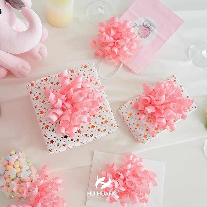 HUIHUANG Pink Bows for Gift Wrapping, Pink Curly Ribbon Bows Self Adhesive Burst Gift Bow for Presents, Wine Bottle, Treat Bags, Wrap Accessories, Bridal Shower Wedding Party Favor - 6 Counts