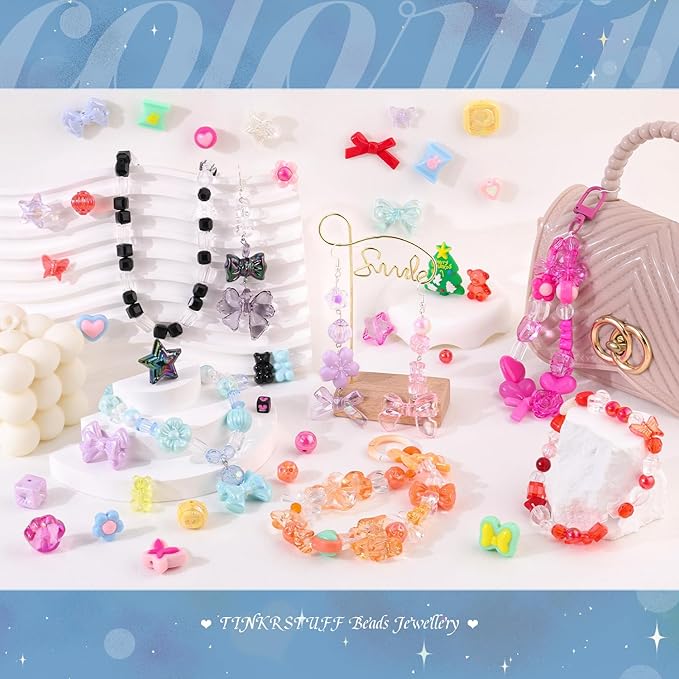 Assorted Acrylic Beads, 390-450PCS 9 Mixed Colors Cute Beads for Bracelet Making, GummyBear Bow Flower Kawaii Charms for Jewelry Making DIY Necklace Keychain Phone Charm Christmas Gift