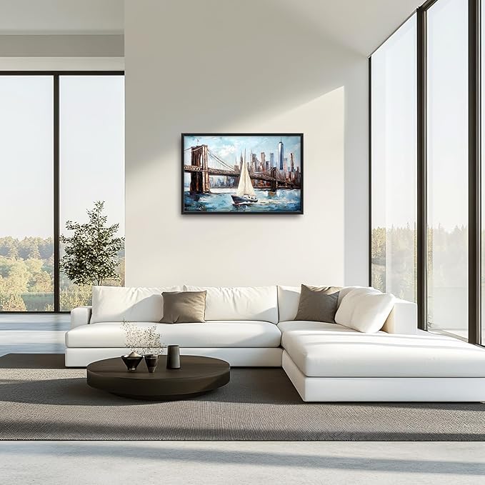Extra Large Sailboat Framed Wall Art for Living Room,Oversized New York Brooklyn Bridge Pictures Wall Decor,Cityscape Canvas Print Painting Modern Artwork Bedroom Office Bathroom 36L x 24W