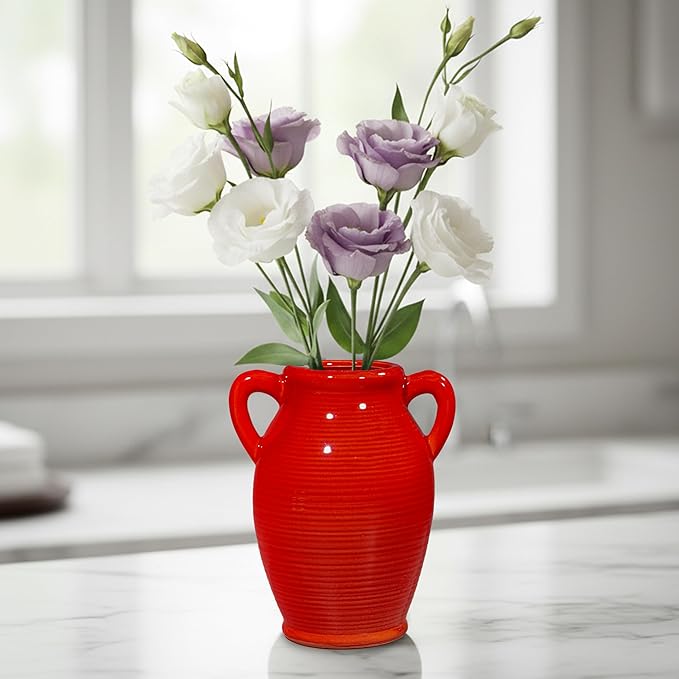 Sunddo Red Flower Vase for Home Decor, Modern Ceramic Vase for Centerpieces, Decorative Vase with 2 Handles, Kitchen, Bedroom, Office, Living Room & Bathroom, Shelf Decor, 8 Inch