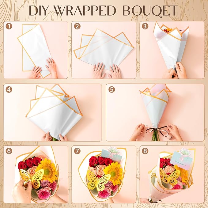 REAXYZNN 235 Pcs Bouquet Wrapping Paper Mother's Day Waterproof Flower Wrapping Paper, Florist Supplies with Pins Butterflies Ribbons Cards for DIY Packaging Bouquet(10 Colors)