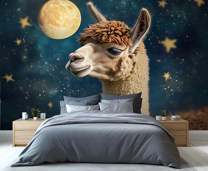 Starry Sky Alpaca Wall Mural, Dreamy Galaxy Moon Alpaca 3D Wall Murals, Cute Animal Wallpaper Mural, for Living Room Bedroom Large Wallpaper Indoor Decor 177.16" W x120 H