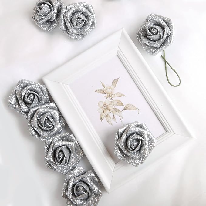 Artificial Flowers 30 PCS Silver Glitter Foam Artificial Flowers with Stem, Glitter Roses Shiny Flowers for DIY Wedding Bouquets Party Home Decor(Silver)