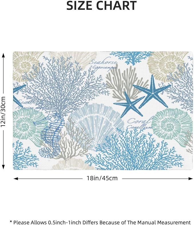 Starfish Placemats, Watercolour Summer Blue Underwater Coral Seashells Starfish Seahorse Sea Animals Print Washable Fabric Placemats Table Kitchen Dining Party 12x18 Inch Set of 6