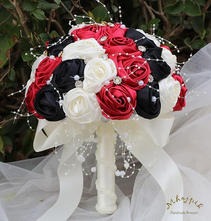 Bridal Wedding Bouquet Round Bling Brooch Bouquet Throw Toss Artificial Rose Flower Bunch for Bride Bridesmaid Wedding Quinceanera(Ruby Red, Black & Ivory, 9.8")