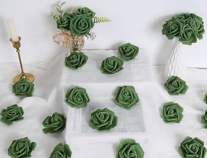 IPOPU 100 Pcs Artificial Foam Roses Heads, 3Inch Stemless Faux Roses Bulk Fake Flowers Heads for Crafts,Wall Decorations, DIY Wedding Baby Shower Centerpieces Party Tables Home Decor(Army Green)