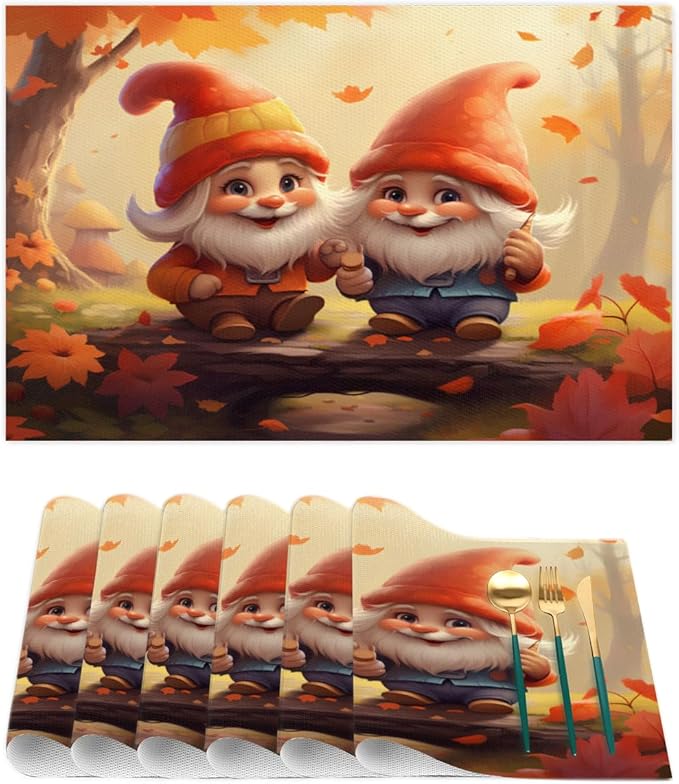 Fall Gnomes Cute Placemats Set of 1 PVC Vinyl Non Slip Table Mats Heat Resistant Place Mats Washable Wipeable Dining Table Mat for Kitchen Decor Party Indoor Outdoor Decorative Gift