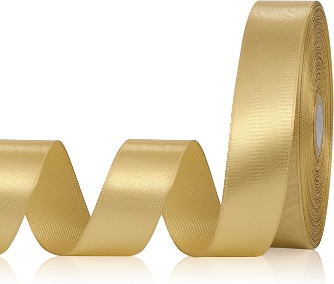 Champagne Gold Ribbon 1 Inch 60 Yards, Gold Satin Ribbon for Flower Bouquet, Graduation Lei, Crafts, Gift Wrapping, Baby Shower, Christmas and Wedding